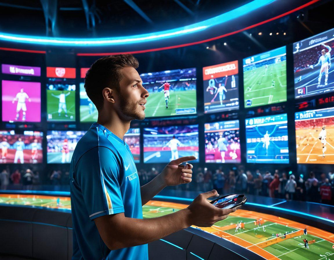 A dynamic sports fan in a futuristic stadium, excitedly checking live game updates on a holographic screen, surrounded by vibrant displays of scores and stats. Include elements like a diverse crowd, iconic sports memorabilia, and towering screens showcasing various sports. The atmosphere should be electric, capturing the essence of sports enthusiasm. super-realistic. vibrant colors. 3D.