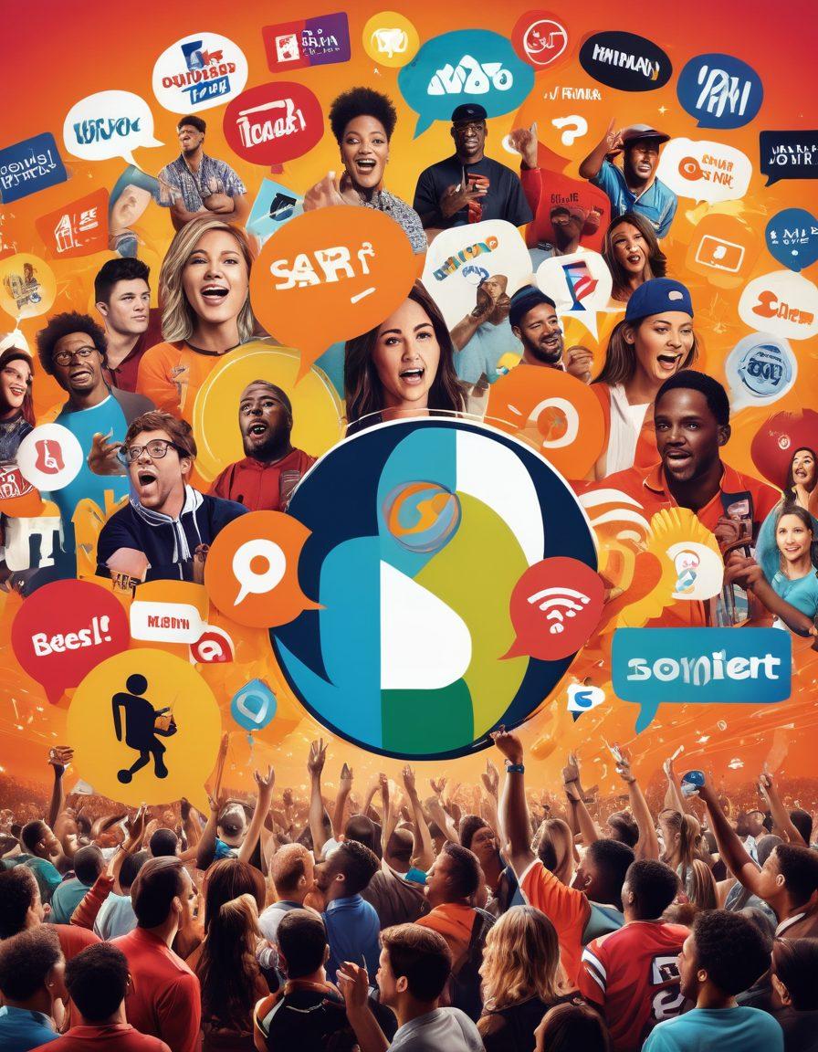 A vibrant collage depicting a diverse group of fans passionately engaging in discussions about their favorite topics, surrounded by icons of sports, music, and entertainment. Include elements like social media notifications, speech bubbles with exclusive commentary, and a backdrop of a cheering crowd. The atmosphere should feel lively and energetic, symbolizing community and shared passion. vibrant colors. dynamic composition. digital art.