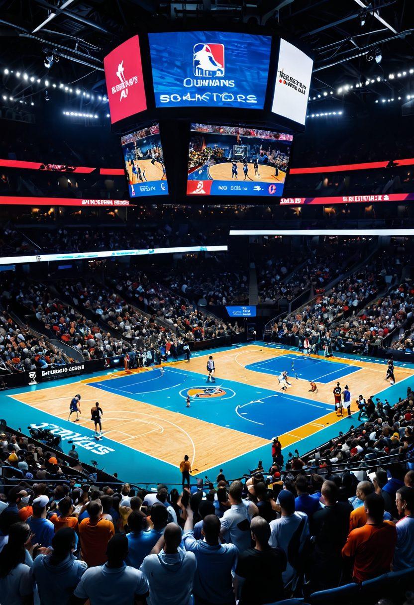 A dynamic sports scene featuring diverse athletes in action, with a live scoreboard displaying real-time updates and game highlights. Incorporate a vibrant crowd cheering, surrounded by digital screens showcasing statistics and key moments. The background should blend various sports icons, such as a football, basketball, and tennis racket, symbolizing a comprehensive sports connection. The overall vibe should be energetic and engaging, capturing the excitement of live sports. super-realistic. vibrant colors. 3D.